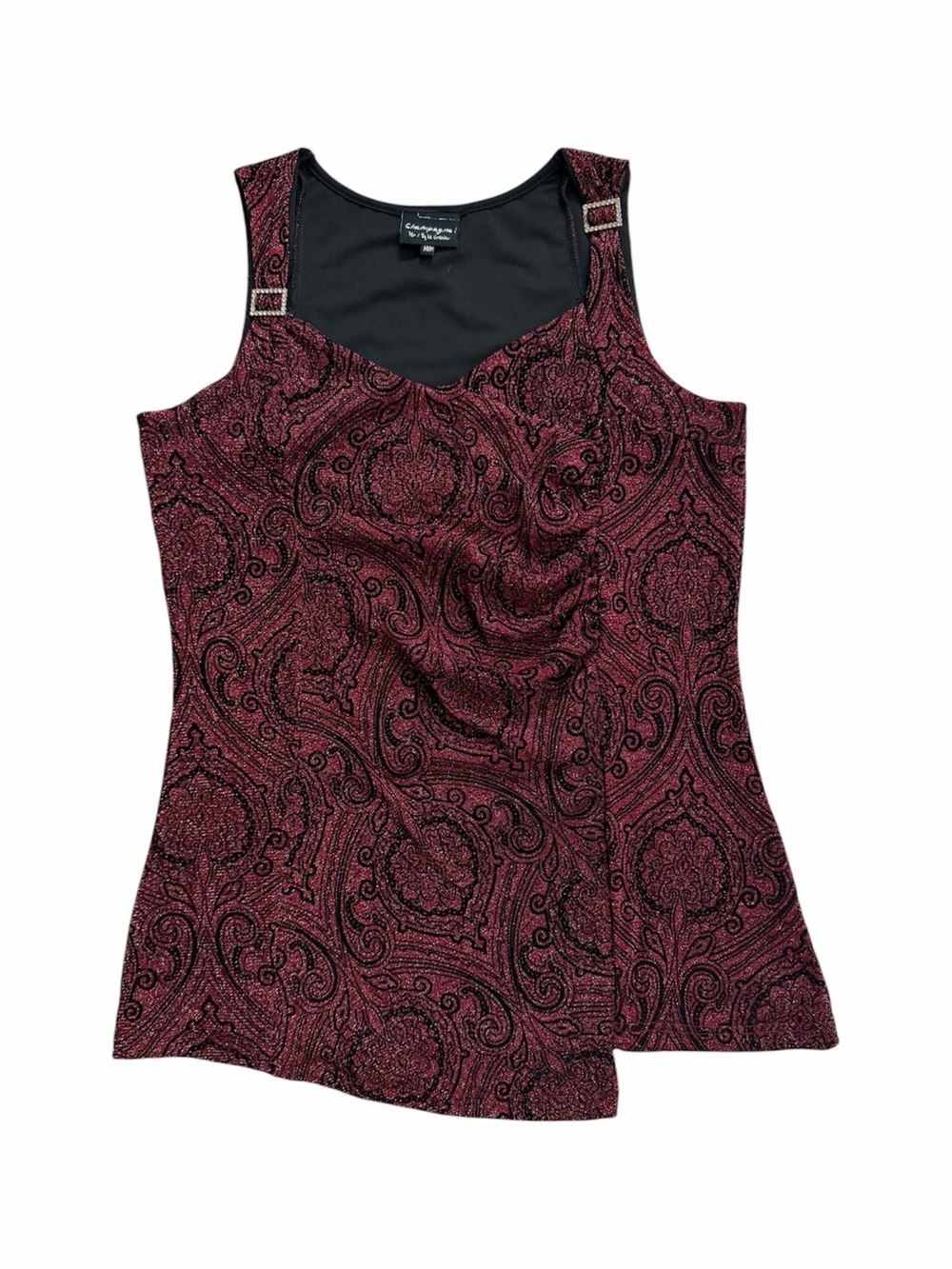 Champagne by Le Grenier Red and Black Sparkly Paisley Asymmetrical Tank Top